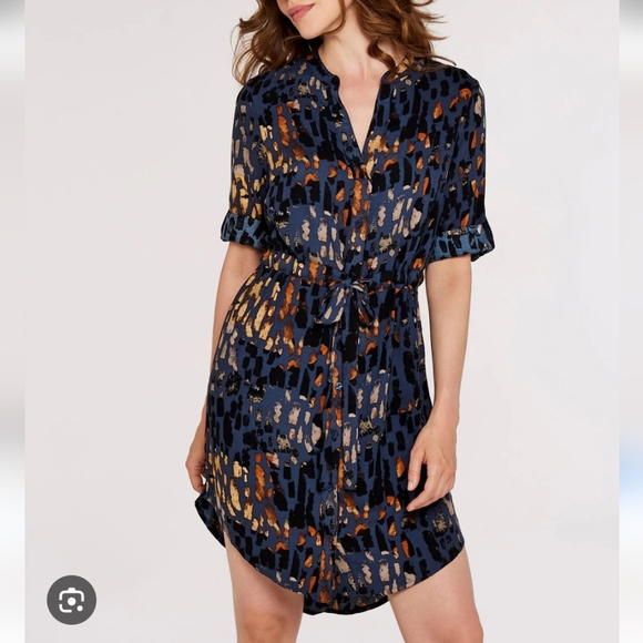 NWT Apricot Ladies Brushstroke Navy Drawstring Dress Women's 12 Blue Retro Y2K - Picture 1 of 11